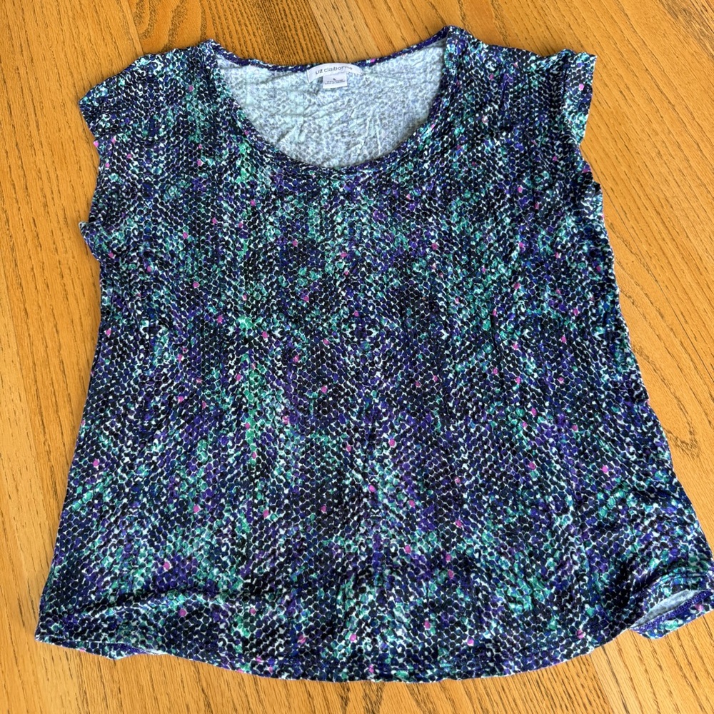 Liz Claiborne Size Large Short Sleeve Multicolor Colorful Snakeskin Blouse Top